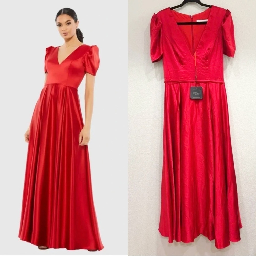 Mac Duggal Red Satin V-Neck Puff Sleeve Maxi Dress